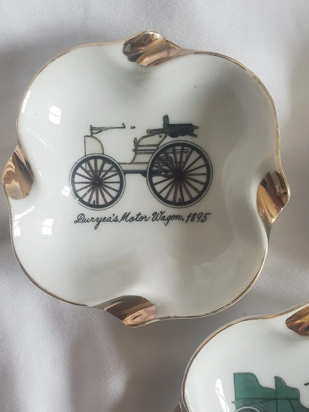 Wisconsin Porcelain Vtg Trinket Dish Trio Antique Car Motifs, 1895, 1896 & 1903
